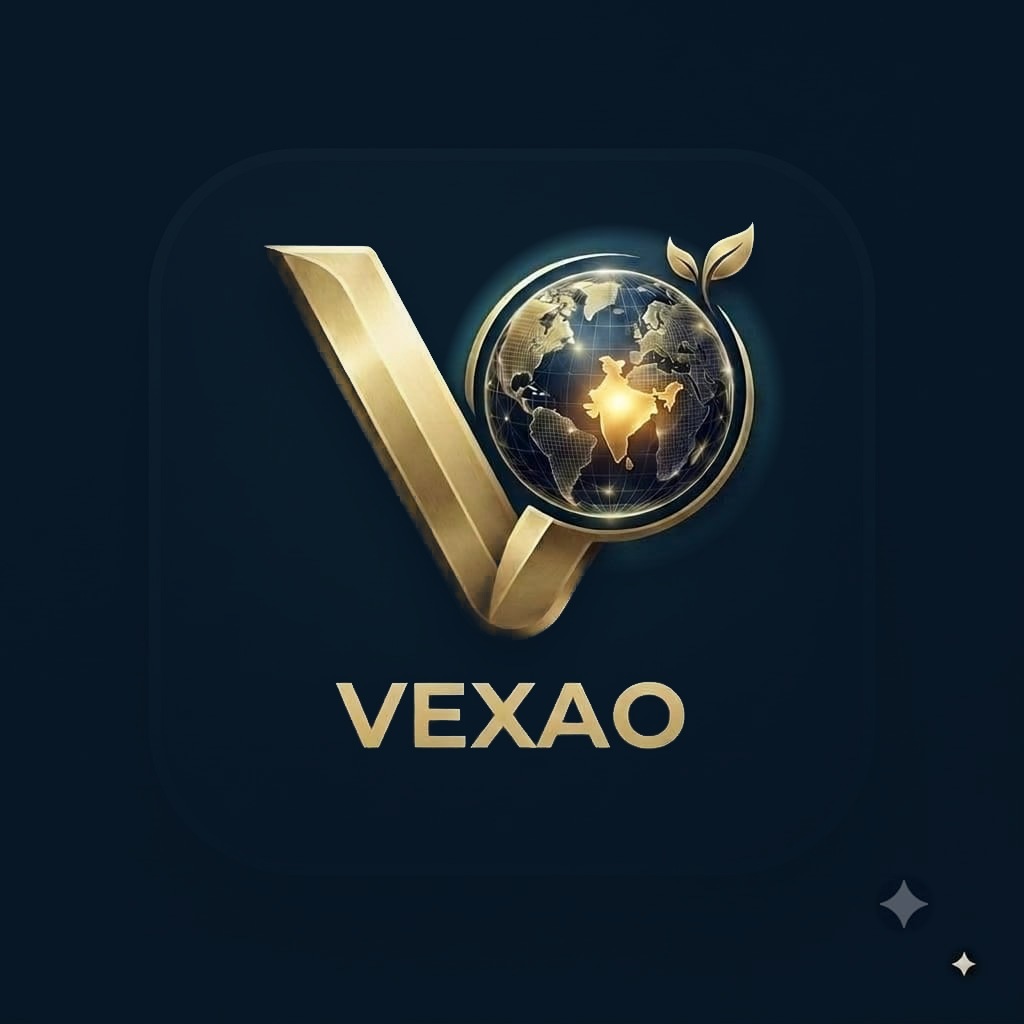 VEXAO: a beveled gold V with a detailed globe, India highlighted in gold, and gold leaves on a navy plaque.